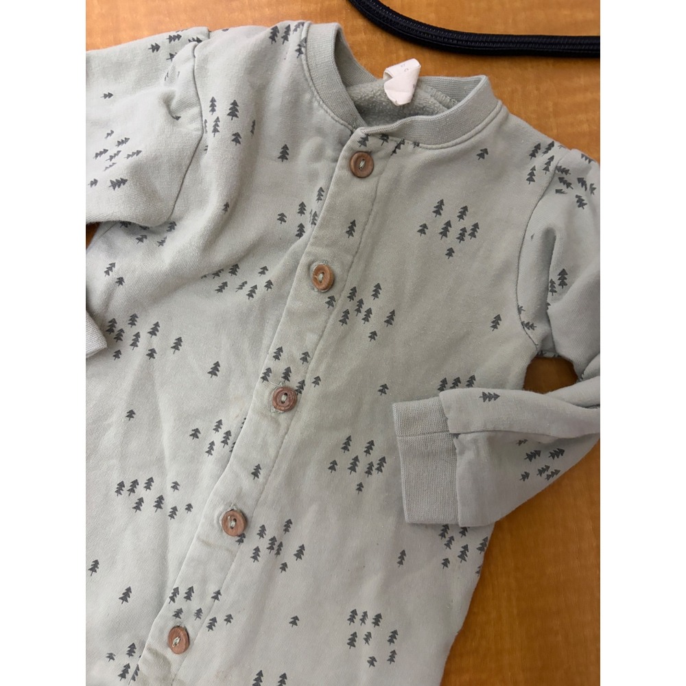 Quincy Mae Sage Green Pine Tree Print Button Front Footless Romper 18-24M